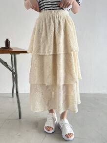 FRIFUL Women Cut-Out Elastic Waist Multi-Layered Hem Long Skirt - Beige - View 6