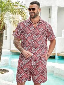 Genlund Men Plus Size Summer Vacation Style Floral Print Short Sleeve Shirt And Shorts Casual Outfit - Red - View 1