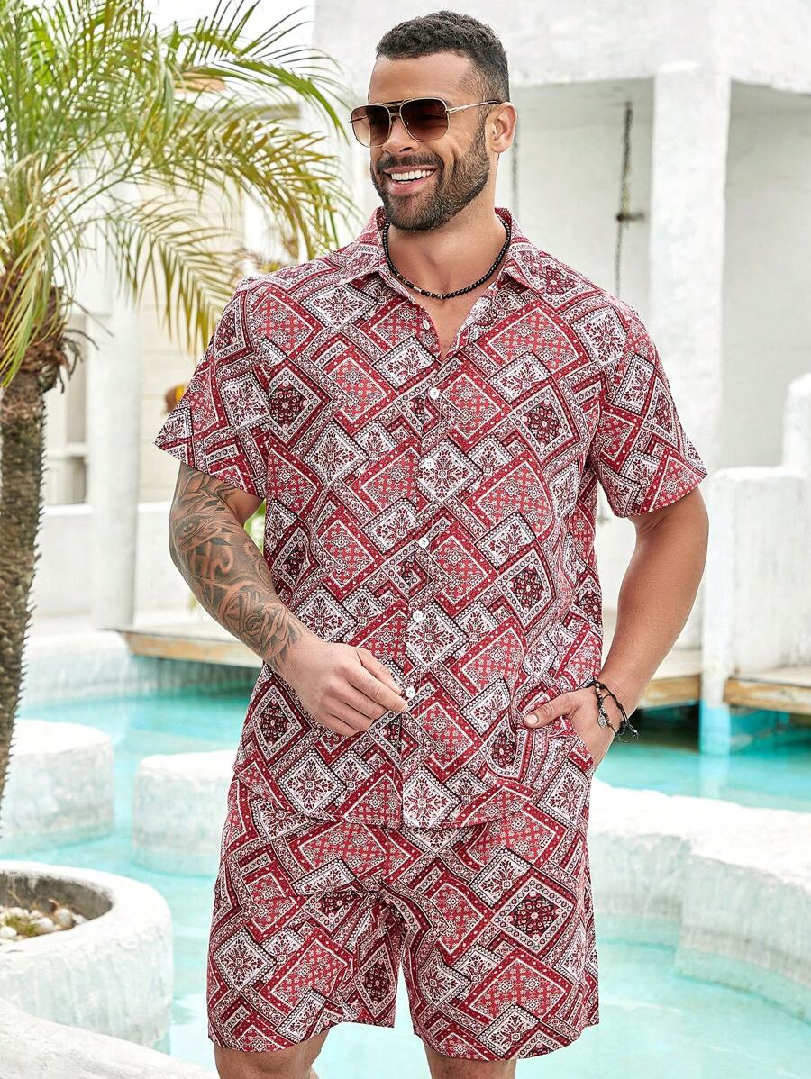 Genlund Men Plus Size Summer Vacation Style Floral Print Short Sleeve Shirt And Shorts Casual Outfit - Red - View 1