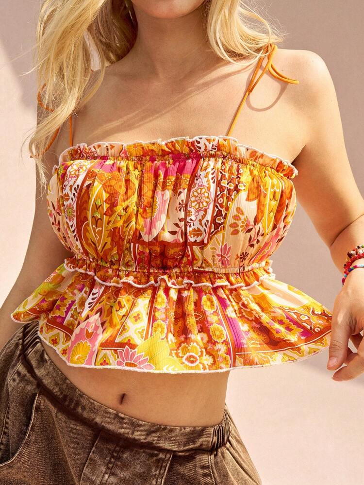 Casual Multicolor Plant Print Ruffle Hem Crop Women Camisole With Ear Straps