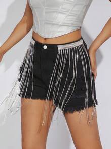 Denimoi Rhinestone Fringe Ripped Denim Shorts - Black - View 1