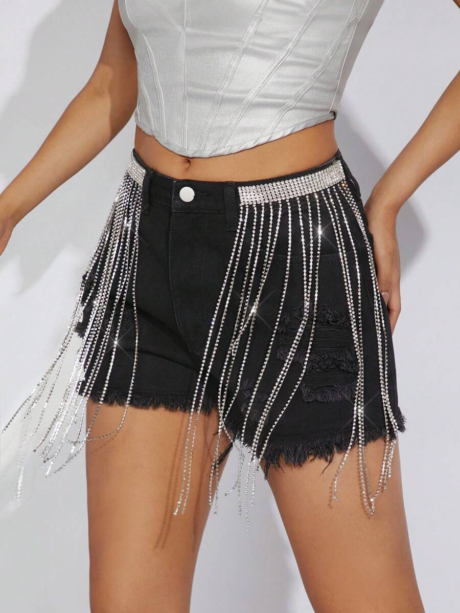 Denimoi Rhinestone Fringe Ripped Denim Shorts - Black - View 1