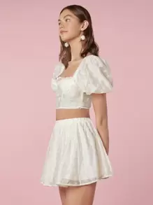 Enchnt Women Fashionable Short Puff Sleeve Top And Skirt Summer Two-Piece Outfits Set, For Music Festival