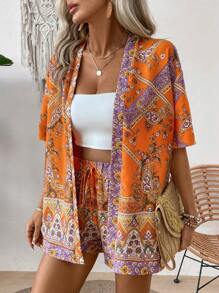 SHEIN Holidaya Women Summer Vacation Style Loose Fit Two-Piece Set Including Crop Top Kimono With Paisley Print And Shorts - Multicolor - View 4