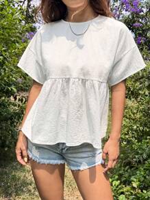 SHEIN EZwear Solid Ruffle Hem Round Neck Blouse Peplum Top - White - View 4