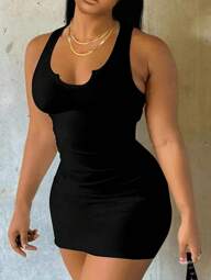 Slaydiva Casual Minimalist Wide Strap V-Neck Fitted Plus Size Ladies Sundress, Suitable For Summer Suitable For Going Out Chic Dress