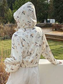 Livesso Floral Print Zipper Hooded Jacket With Drawstring Summer - White - View 5
