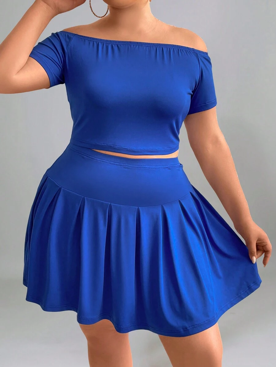 Flirla 大碼純色露肩短上衣搭配相配裙子套裝 - 藍色 - 查看 1