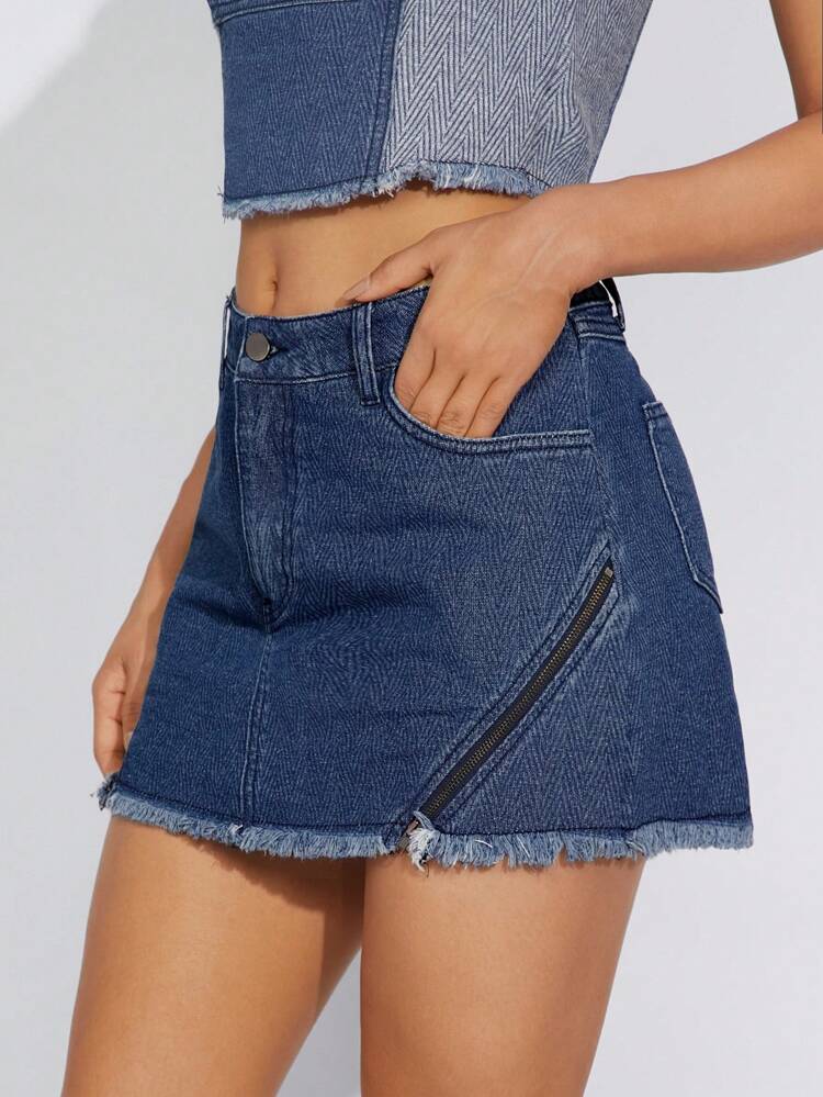 Zipper Front Side Stitch Frayed Hem Denim Skirt