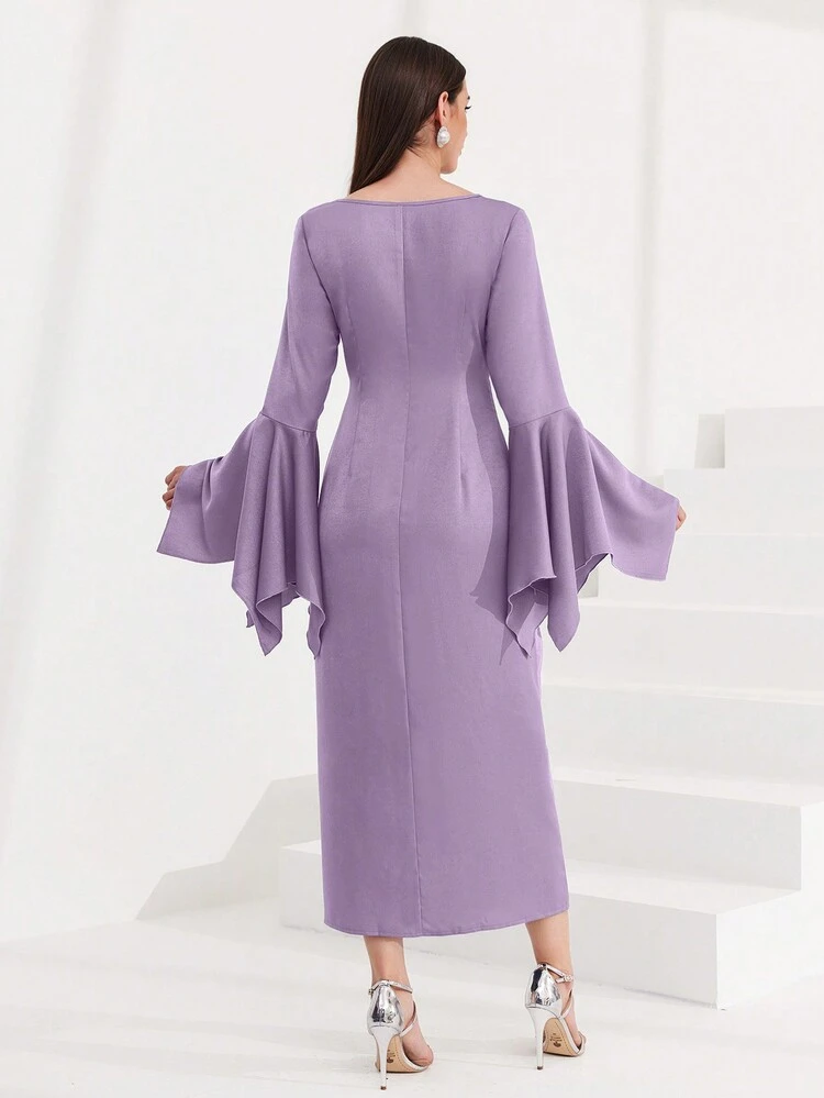 Women Round Neck Solid Color Bell Sleeve Tie Party Gathering Match Dress Fall Cloth For Women