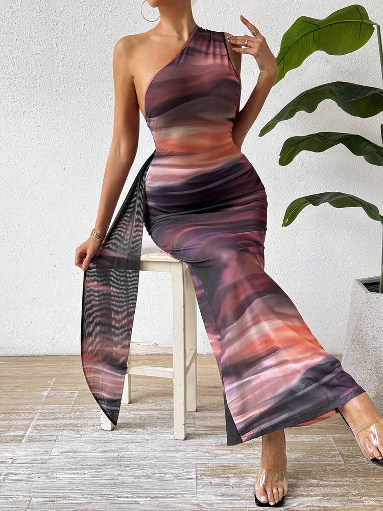 One-Shoulder Color-Blocked Bodycon Summer Dress With Floral Pattern