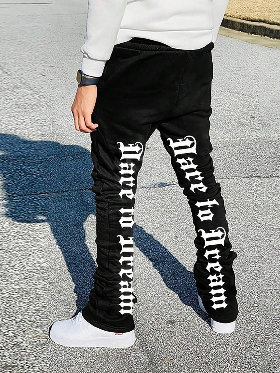 SHEIN Coolqubz Teen Boy Street Style Knitted Elastic Waist Drawstring Sweatpants With Letter Print - Black - View 1