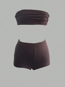 INAWLY Women's Simple Plain Sexy Strapless Top & Shorts Set - Coffee Brown - View 6
