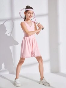 Tween Girl Zipper Half-Placket Pleated Casual Sleeveless Sports Dress - Pink - View 5