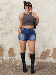 SHEIN ICON Plus Size Women Skull & Wing Embroidery Tight Denim Shorts - Blue - View 5