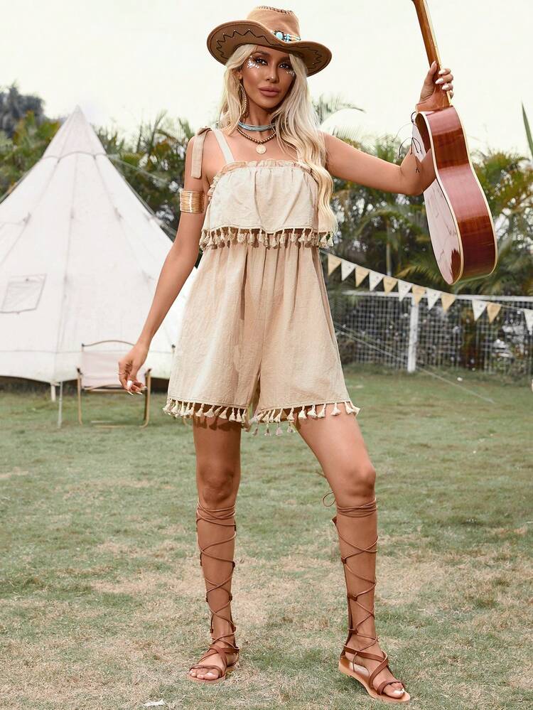 Solid Color Fringe Decorated Jumpsuit With Spaghetti Straps For Summer Music Festival