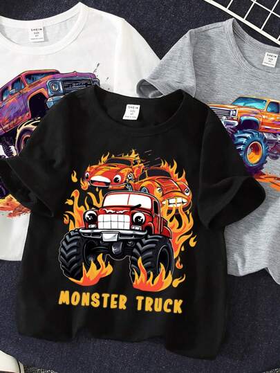 SHEIN 3pcs Young Boy Black, White & Gray Cool Car Graphic Round Neck Short Sleeve T-Shirts, Suitable For Summer Sports, Outings, Parties, School - Monster Track, Best Track