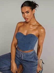 SHEIN BAE Áo Bralette phai màu theo phong cách vùng hoang mạc màu trơn, áo crop top viền bất đối xứng cut-out, áo ba lỗ dệt kim màu xanh xám, dành cho nữ, thích hợp để đi chơi, hàng ngày, thường ngày và tất cả các trang phục phù hợp trong mùa xuân và mùa hè - Màu xanh bụi bặm - Xem 4