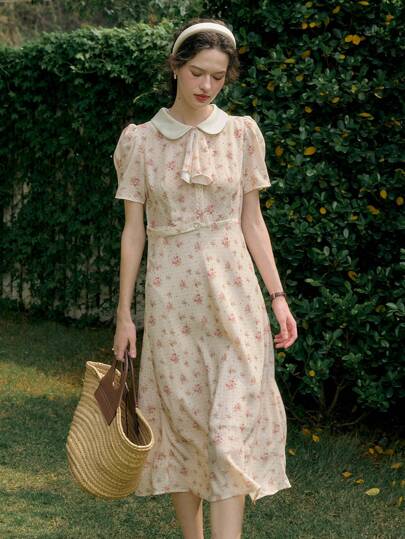 Simple Retro Women's Peter Pan Collar Maxi Length Elegant Fishtail Skirt With Print