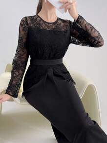 Modelyn Ladies Round Neck Long-Sleeved Bodycon Dress With Contrast Lace For Elegant And Graceful Elegant In Spring And Summer - Black - View 6