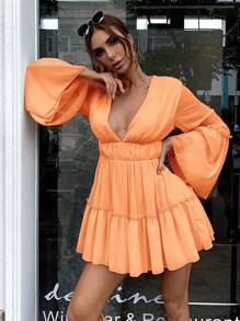 Missord Vestido Curto Feminino de Verão com Decote V Profundo e Manga Sino em Cor Única - Laranja - Visão 1