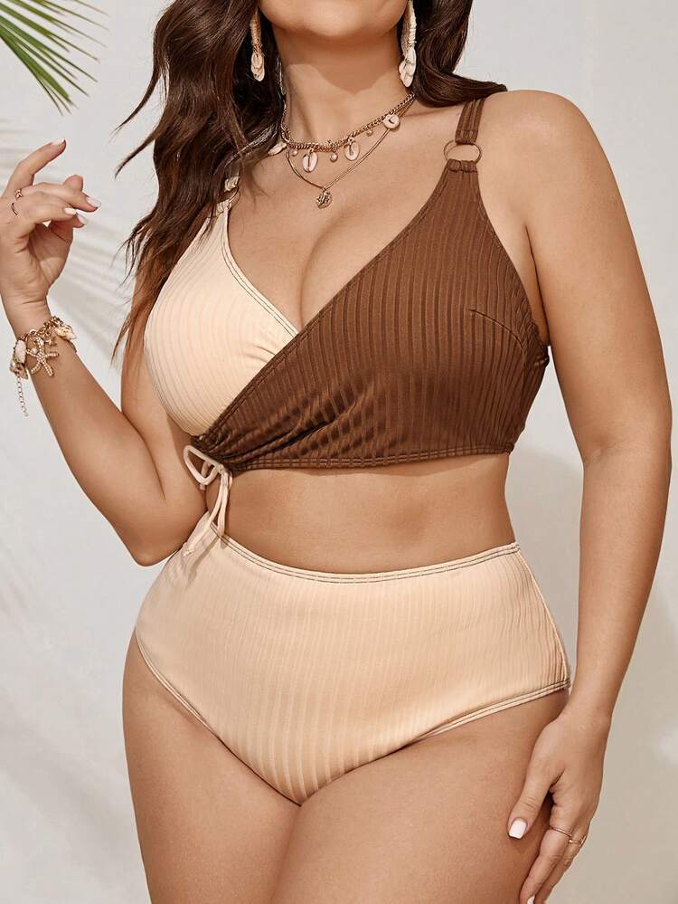 Women Colorblock Simple Plus Size Bikini Set Summer Beach