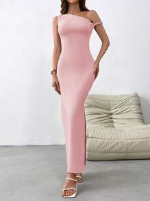 Firerie Women's Watercolor Floral Print Slim Fit Knit Ruched Dress With Asymmetrical Shoulder Straps, Side Slit, In Blue & Pink, Suitable For Elegant And Casual Occasions Or Holidays Long Bodycon Dress - Pink - View 3