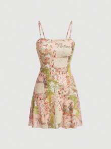 SHEIN MOD Women Allover Printed Spaghetti Strap Dress, Suitable For Summer - Apricot - View 1