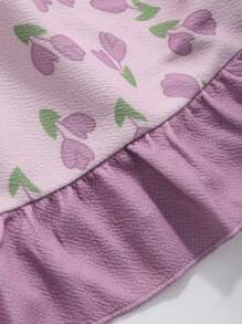 DAZY 蝴蝶結裝飾的鬱金香印花連體清色襯邊坦克上衣和短褲睡衣套裝