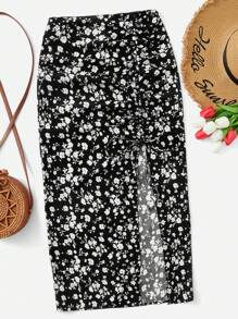 SHEIN VCAY 大码波西米亚风开叉花卉印花半身裙，适合夏季 - 黑色 - 查看 1