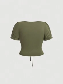 SHEIN MOD 大碼女士夏季復古草綠色鬆緊扣短袖休閒T恤 - 軍綠色 - 查看 2