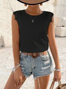 Breezaya 女士休閒無袖襯衫，採用水溶蕾絲拼接和後面打結設計 - 黑色 - 查看 4