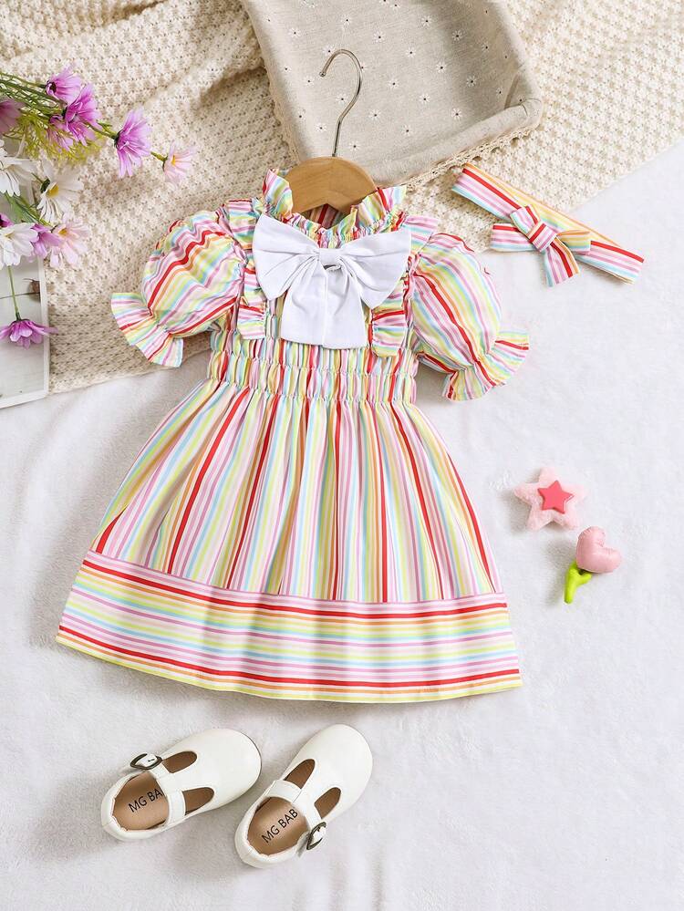 Baby Girl 2-Piece Set Including Headband, Colorful Stripe Knot Bow Lovely Elegant Gorgeous Everyday Casual Dress For Spring And Summer