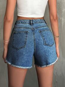 Women Casual Spring/Summer Frayed Edge Distressed Denim Shorts - Medium Wash - View 2