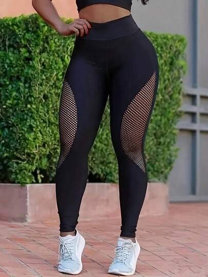 Slaydiva Mallas de cintura alta con empalmes de malla negra casual deportiva para mujer