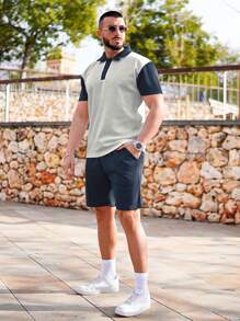 Bộ hai mảnh Nam Nút Túi Khối Màu Giải trí - Xanh và trắng - Xem 4