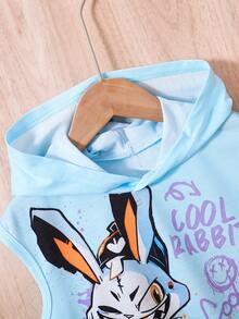 SHEIN 男孩夏季休閒、舒適、可愛、嘻哈兔印花背心短褲套裝2件組 - 藍色 - 查看 4