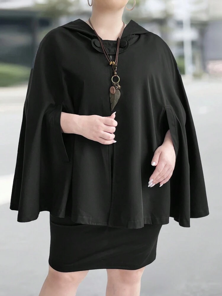 Solid Color Hooded Cape Style Plus Size Coat