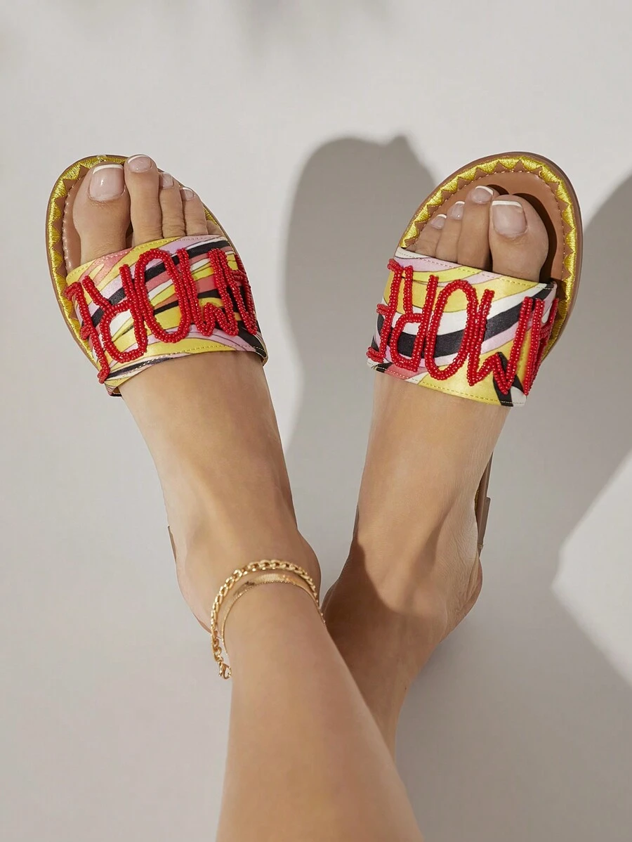 SHUZIA Ladies Alphabet Print Color Block Flat Sandals With European And American Style, Korean Fashion And Elegant For Summer - Yellow - View 1