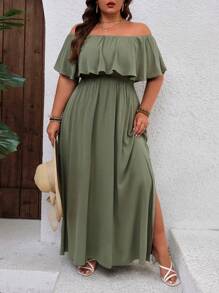 SHEIN VCAY Vestido de vacaciones con volantes y hombros descubiertos para tallas grandes - Verde Oliva - Ver 1