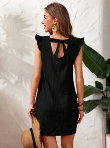 SHEIN VCAY Robe rouge courte solide à manches bouffantes et texture à bulles - Noir - Voir 3