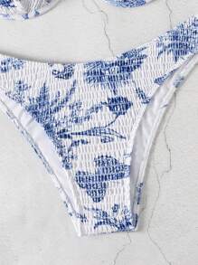 Swim Mod Floral Print Halter Spaghetti Strap Bikini Set For Summer Beach, Random Print, Summer Beach - Blue and White - View 8