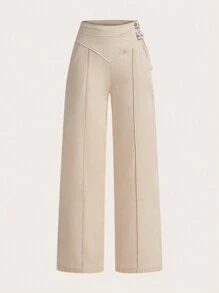GOUGHS GRACES Designer Women Double Buckle Detail Pants, For Holiday - Khaki - View 1