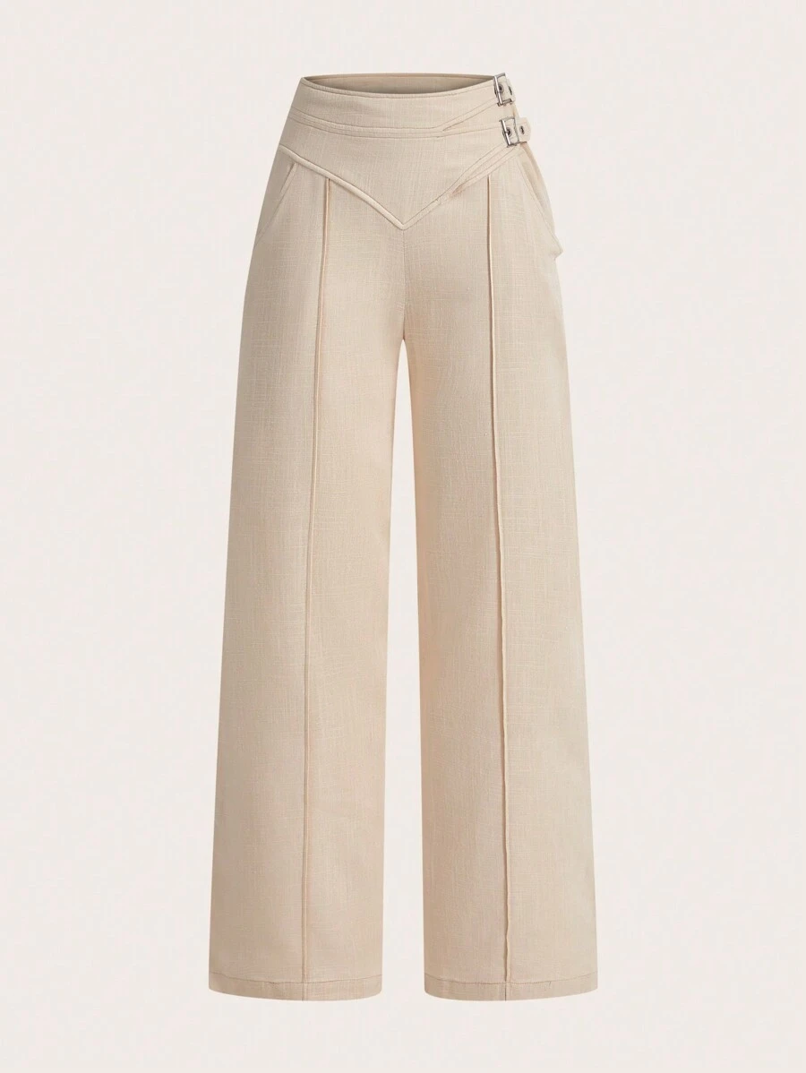 GOUGHS GRACES Designer Women Double Buckle Detail Pants, For Holiday - Khaki - View 1