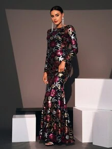 Women's Casual Random Print Long Sleeve Prom Dress Party Dress Wedding Guest Dress Formal Dress Evening Dress,Gown - Black - View 7