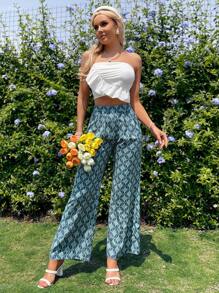 Breezaya Women Solid Color Ruffle Strapless Top And Retro Patterned Long Pants Two Pieces Set