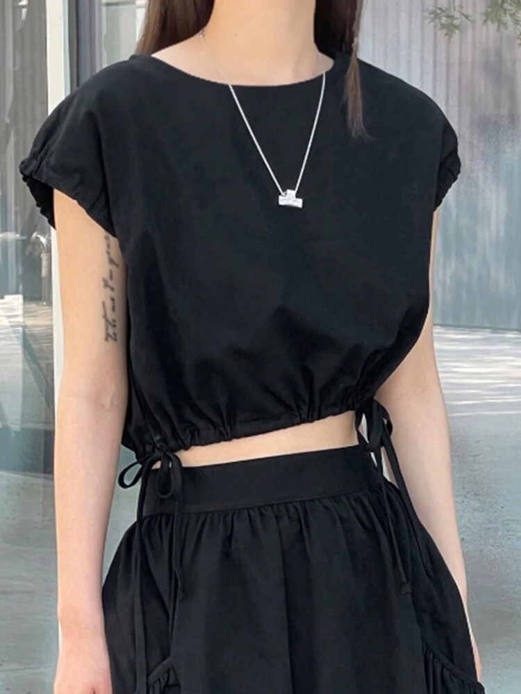 Women Solid Color Round Neck Shirt With Waist Belt And Batwing Sleeves Preppy Tops Crop Women Tops