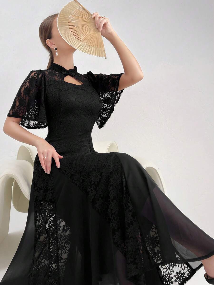 Modelyn 女士旗袍领荷叶袖纯色优雅宴会配套礼服长款女士服装长款晚礼服 - 黑色 - 查看 1
