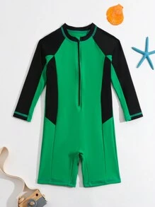 Young Boy Summer Beach Contrast Color Zipper Half Placket Long Sleeve One-Piece Swimsuit - Green - View 1