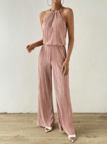 SHEIN LUNE Women Summer Solid Color Pleated Halter Vest And Pants Casual Two Pieces Set - Dusty Pink - View 6